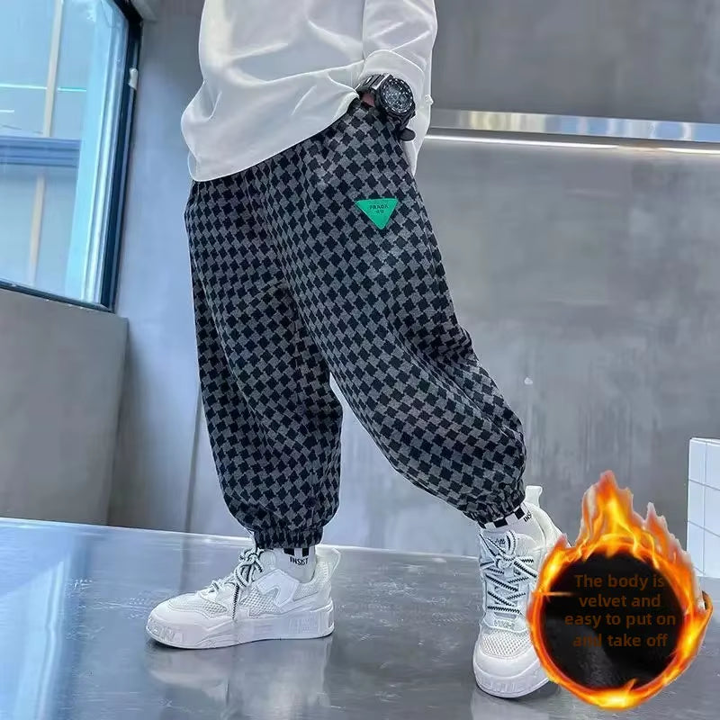 Kids Fleece-Lined Pants Boys Girls Winter Spring Autumn Mid to Large Children'S Trousers New 2023 Trendy Style