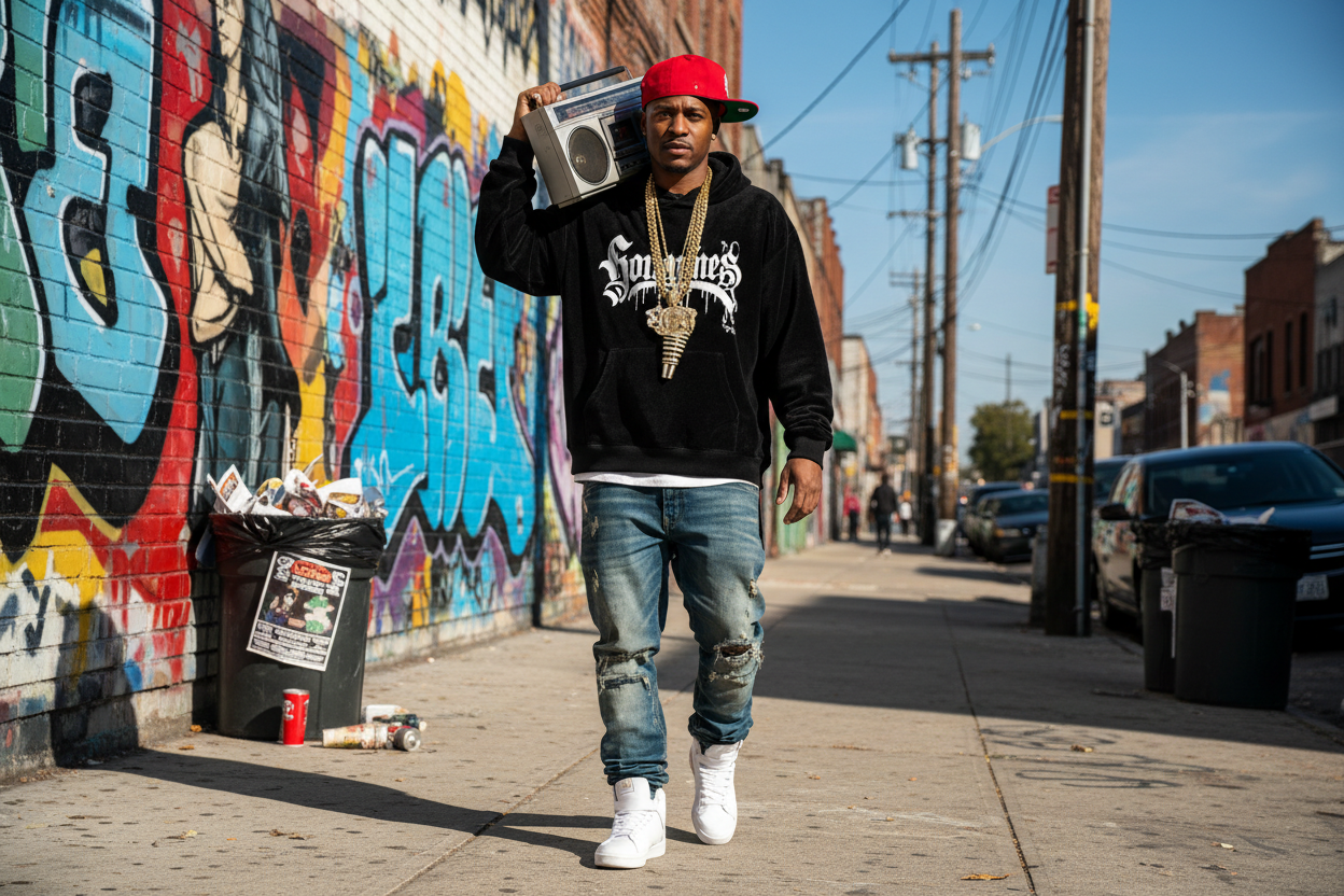 crie uma imagem de um home andando pela rua, vestido com roupas tradicionais do hiphop